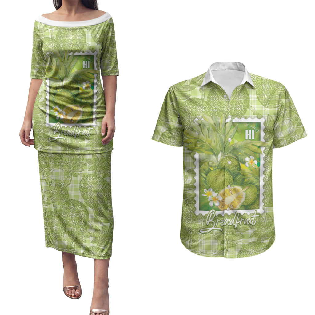 Aloha Hawaii Ulu Palaka Motifs Couples Matching Puletasi and Hawaiian Shirt Hawaiian Breadfruit Stylized Stamp LT14 Green - Polynesian Pride