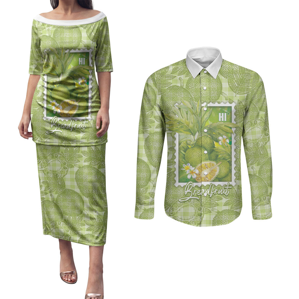 Aloha Hawaii Ulu Palaka Motifs Couples Matching Puletasi and Long Sleeve Button Shirt Hawaiian Breadfruit Stylized Stamp LT14 Green - Polynesian Pride