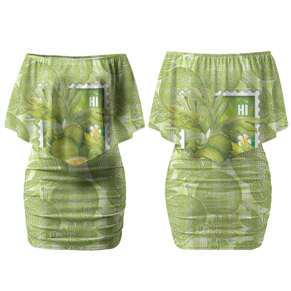 Aloha Hawaii Ulu Palaka Motifs Family Matching Off Shoulder Short Dress and Hawaiian Shirt Hawaiian Breadfruit Stylized Stamp LT14 Mom's Dress Green - Polynesian Pride