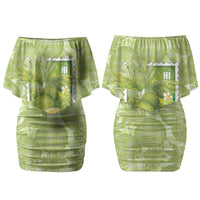 Aloha Hawaii Ulu Palaka Motifs Family Matching Off Shoulder Short Dress and Hawaiian Shirt Hawaiian Breadfruit Stylized Stamp LT14 Mom's Dress Green - Polynesian Pride