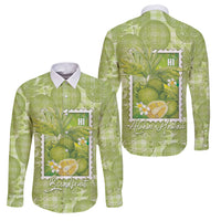 Aloha Hawaii Ulu Palaka Motifs Family Matching Off Shoulder Short Dress and Hawaiian Shirt Hawaiian Breadfruit Stylized Stamp LT14 Dad's Shirt - Long Sleeve Green - Polynesian Pride
