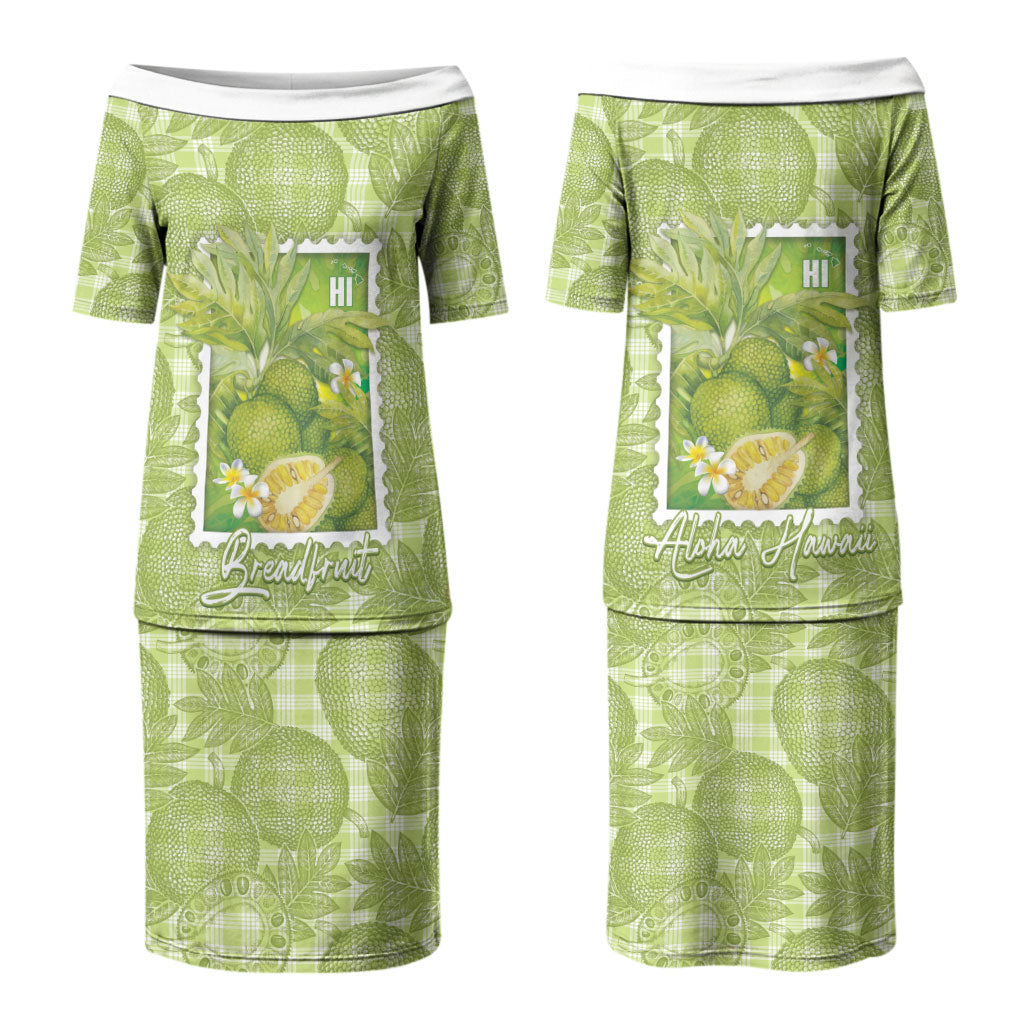 Aloha Hawaii Ulu Palaka Motifs Family Matching Puletasi and Hawaiian Shirt Hawaiian Breadfruit Stylized Stamp LT14 Mom's Dress Green - Polynesian Pride