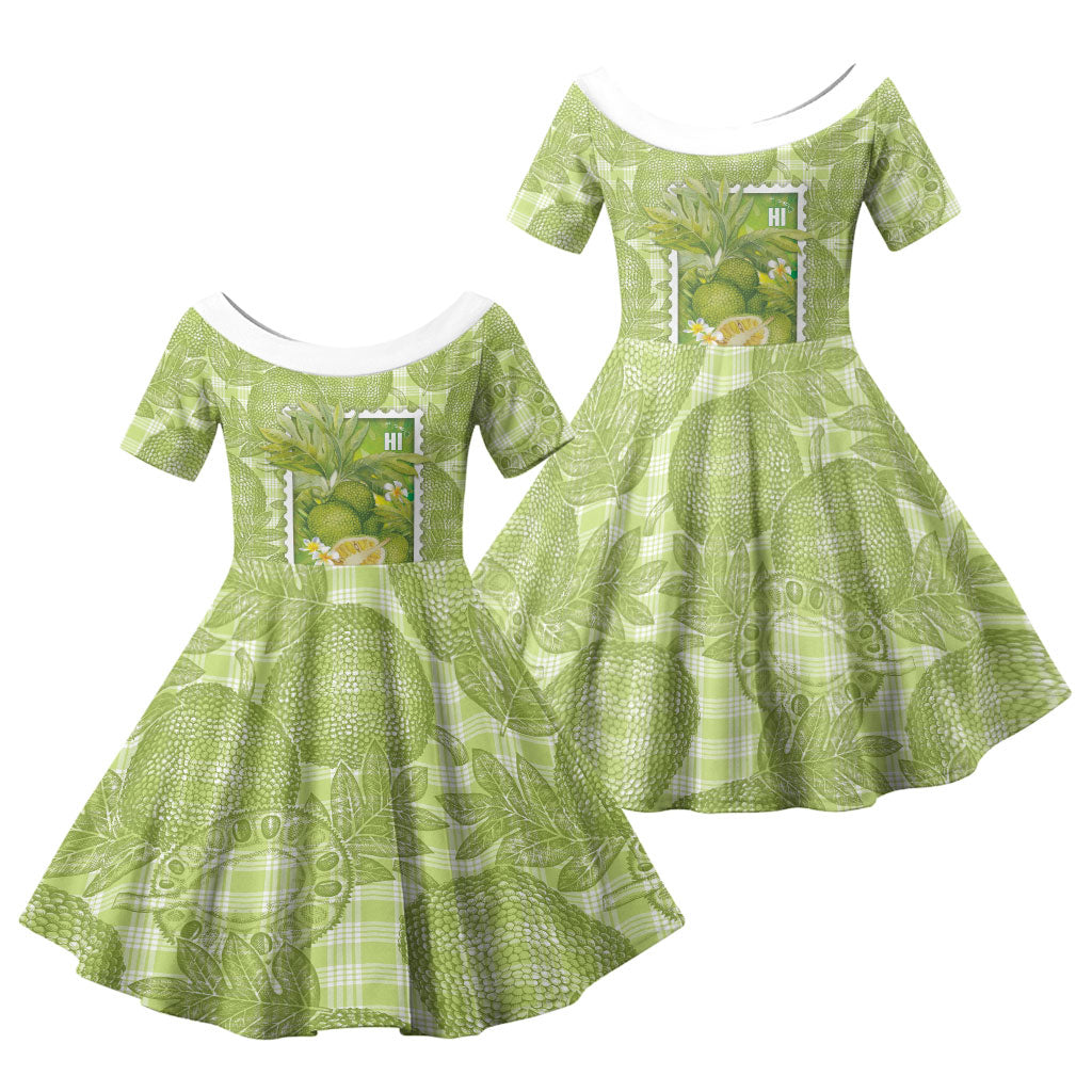 Aloha Hawaii Ulu Palaka Motifs Family Matching Puletasi and Hawaiian Shirt Hawaiian Breadfruit Stylized Stamp LT14 Daughter's Dress Green - Polynesian Pride