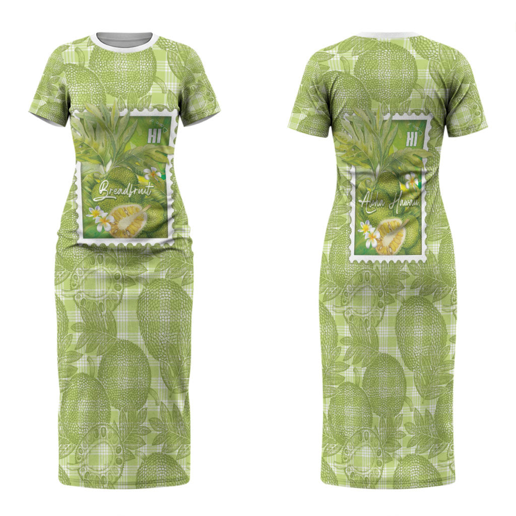 Aloha Hawaii Ulu Palaka Motifs Family Matching Short Sleeve Bodycon Dress and Hawaiian Shirt Hawaiian Breadfruit Stylized Stamp LT14 Mom's Dress Green - Polynesian Pride