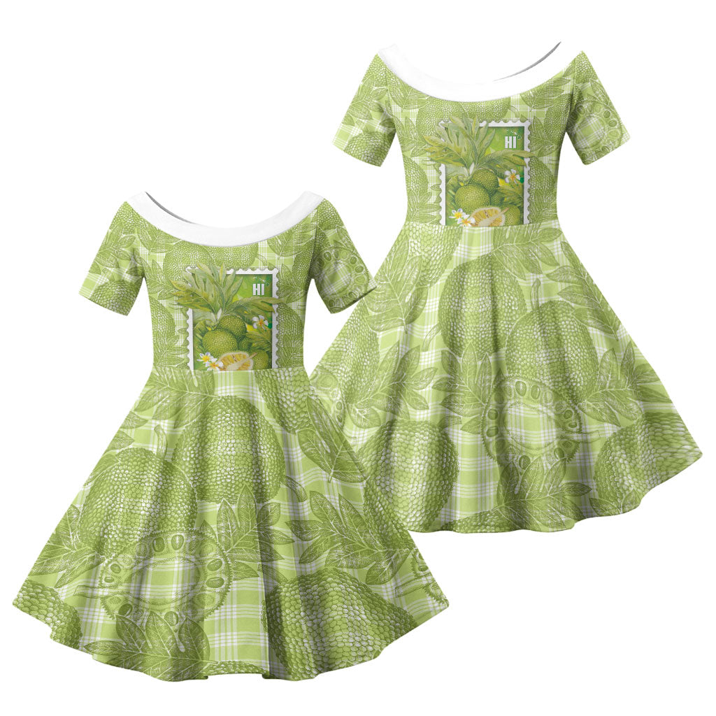 Aloha Hawaii Ulu Palaka Motifs Family Matching Summer Maxi Dress and Hawaiian Shirt Hawaiian Breadfruit Stylized Stamp LT14 Daughter's Dress Green - Polynesian Pride