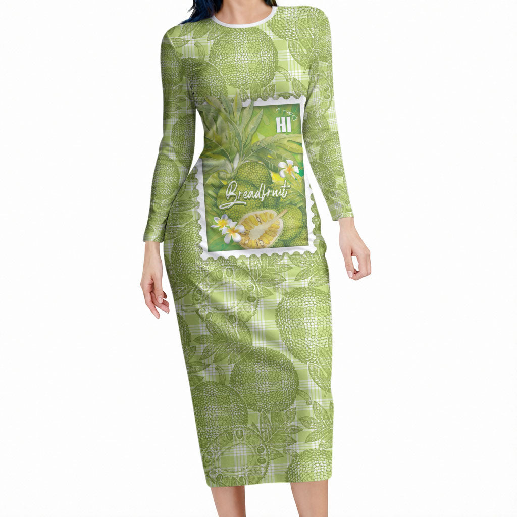 Aloha Hawaii Ulu Palaka Motifs Long Sleeve Bodycon Dress Hawaiian Breadfruit Stylized Stamp LT14 Long Dress Green - Polynesian Pride