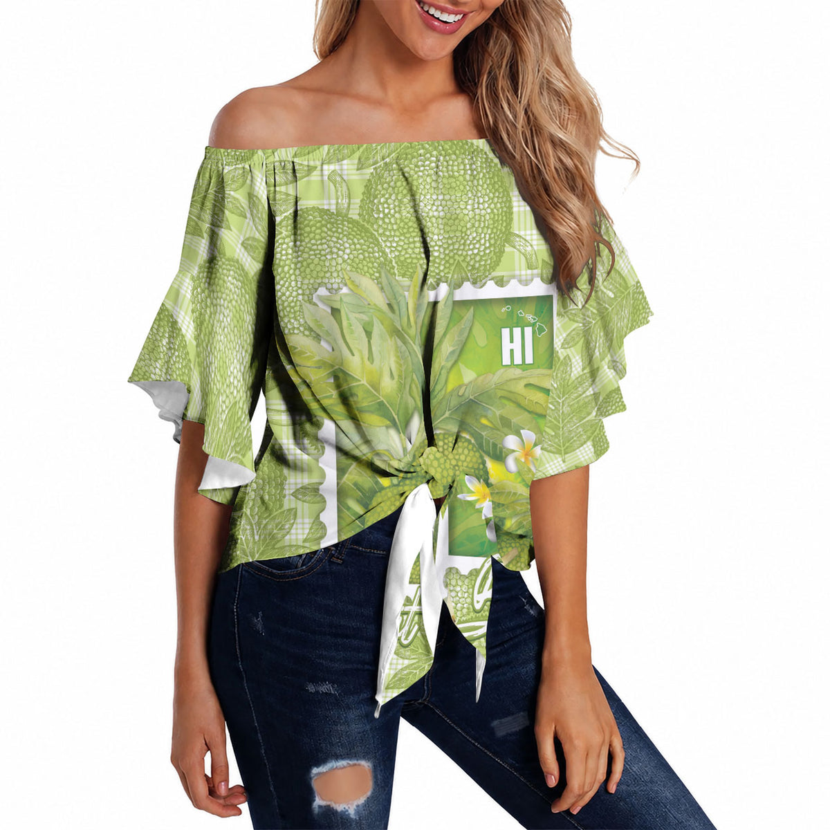 Aloha Hawaii Ulu Palaka Motifs Off Shoulder Wrap Waist Top Hawaiian Breadfruit Stylized Stamp LT14 Green - Polynesian Pride
