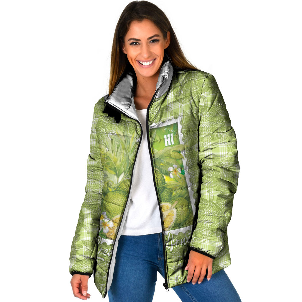 Aloha Hawaii Ulu Palaka Motifs Padded Jacket Hawaiian Breadfruit Stylized Stamp LT14 Women Green - Polynesian Pride