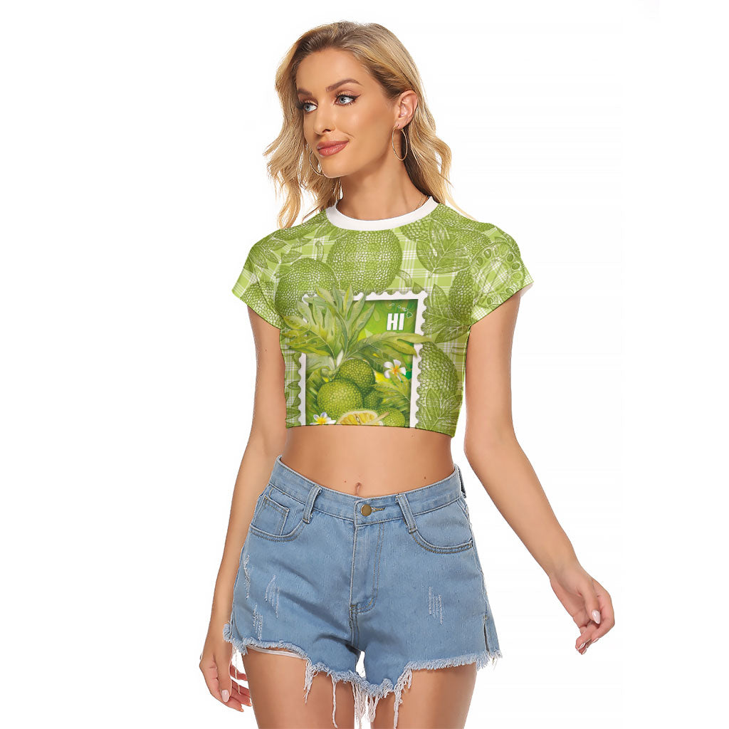 Aloha Hawaii Ulu Palaka Motifs Raglan Cropped T Shirt Hawaiian Breadfruit Stylized Stamp LT14 Female Green - Polynesian Pride