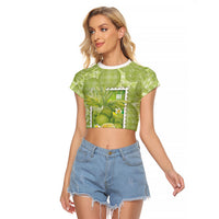 Aloha Hawaii Ulu Palaka Motifs Raglan Cropped T Shirt Hawaiian Breadfruit Stylized Stamp LT14 Female Green - Polynesian Pride