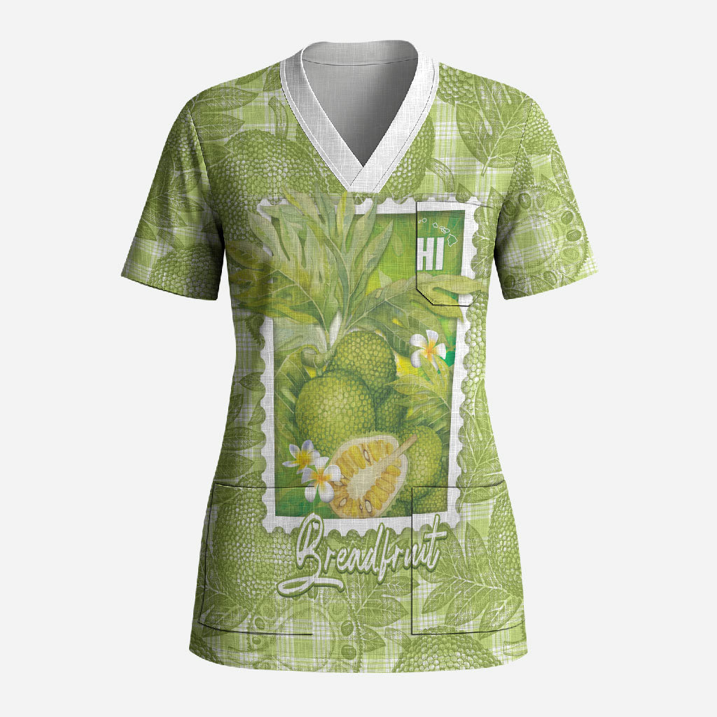 Aloha Hawaii Ulu Palaka Motifs Scrub Top Hawaiian Breadfruit Stylized Stamp LT14 Adult Green - Polynesian Pride