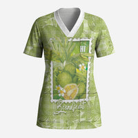 Aloha Hawaii Ulu Palaka Motifs Scrub Top Hawaiian Breadfruit Stylized Stamp LT14 Adult Green - Polynesian Pride