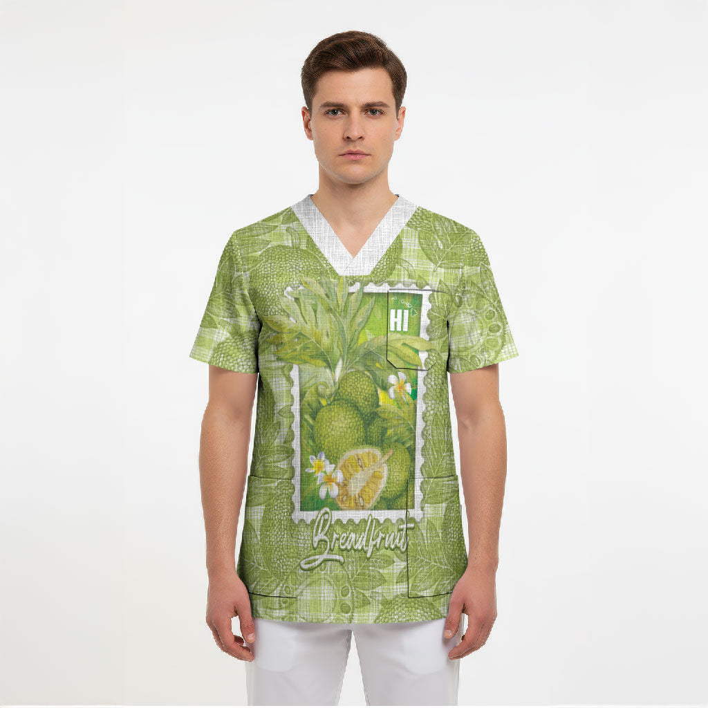 Aloha Hawaii Ulu Palaka Motifs Scrub Top Hawaiian Breadfruit Stylized Stamp LT14 - Polynesian Pride