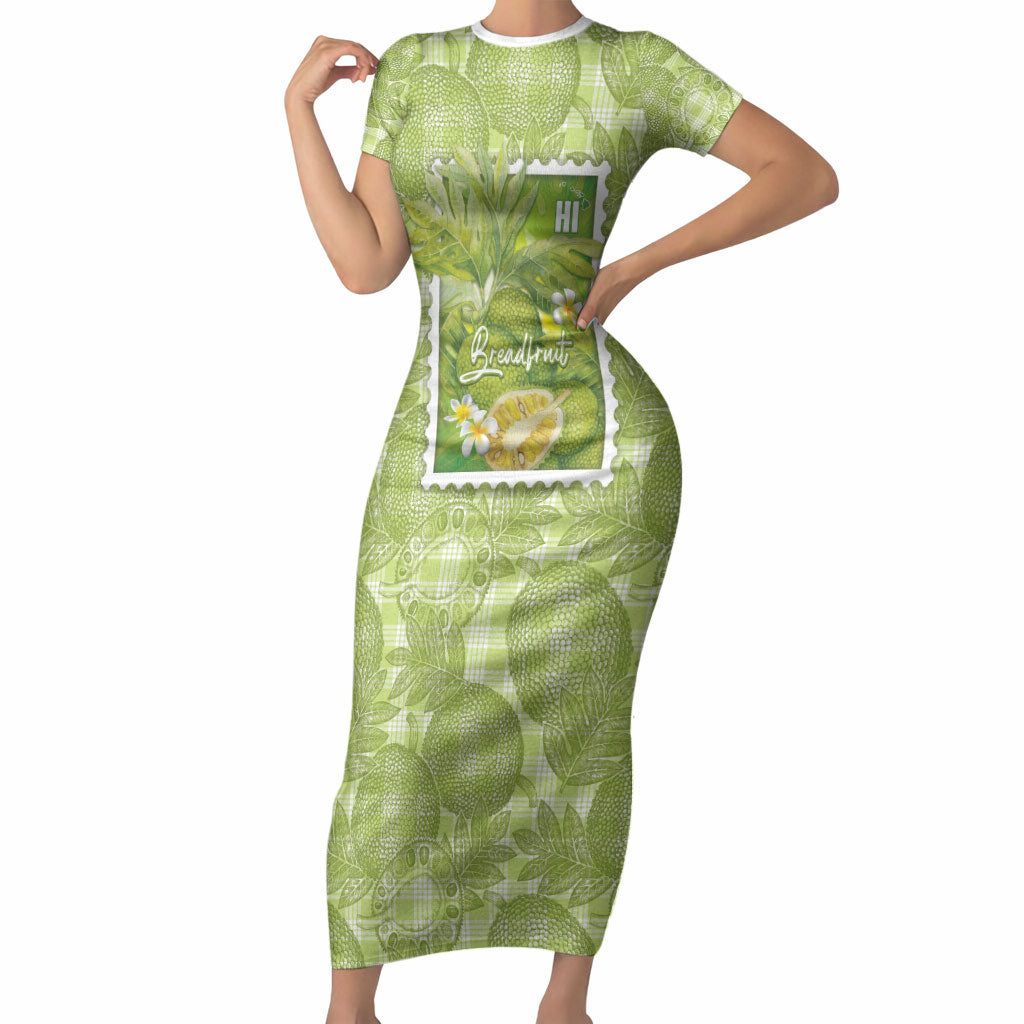 Aloha Hawaii Ulu Palaka Motifs Short Sleeve Bodycon Dress Hawaiian Breadfruit Stylized Stamp LT14 Long Dress Green - Polynesian Pride
