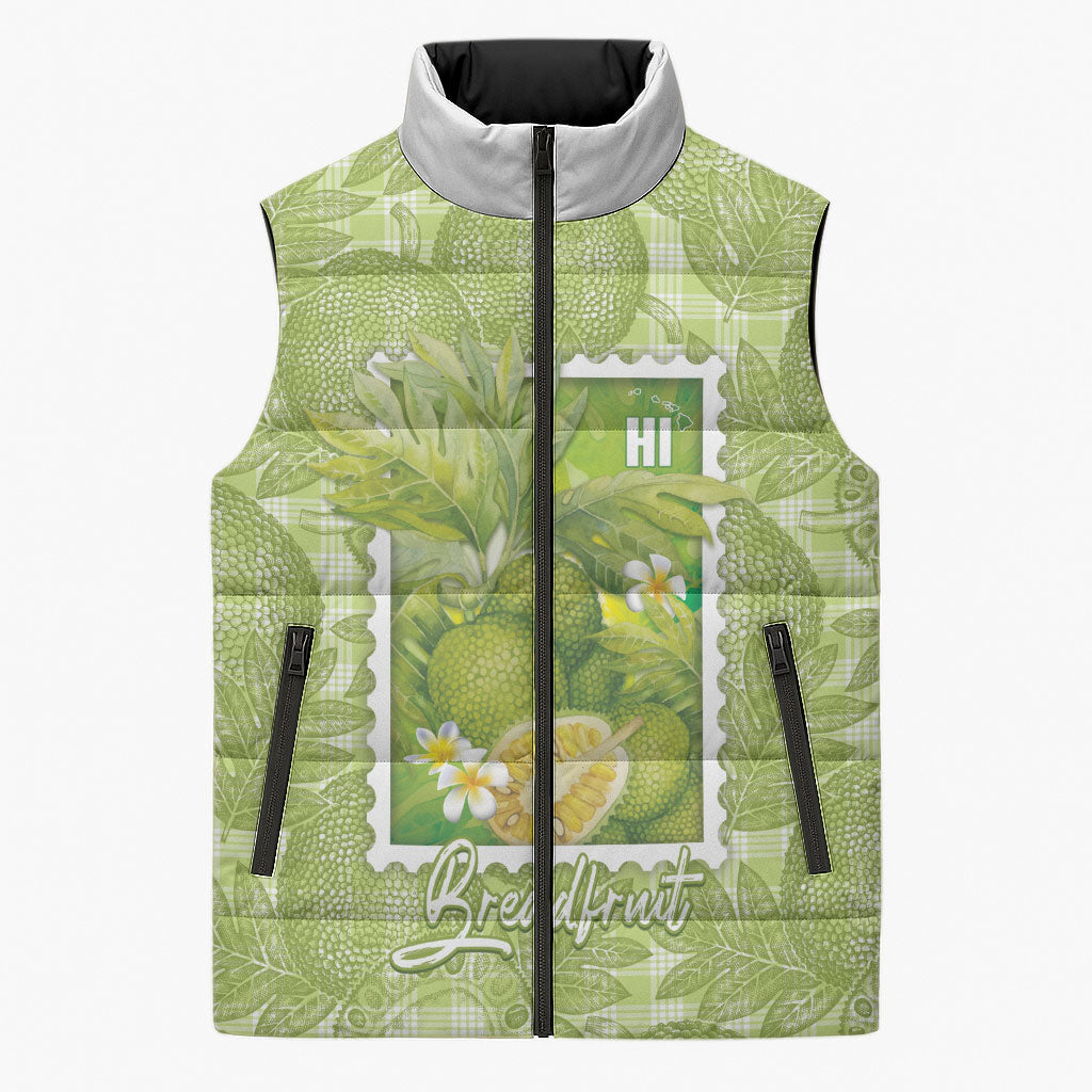 Aloha Hawaii Ulu Palaka Motifs Sleeveless Puffer Jacket Hawaiian Breadfruit Stylized Stamp