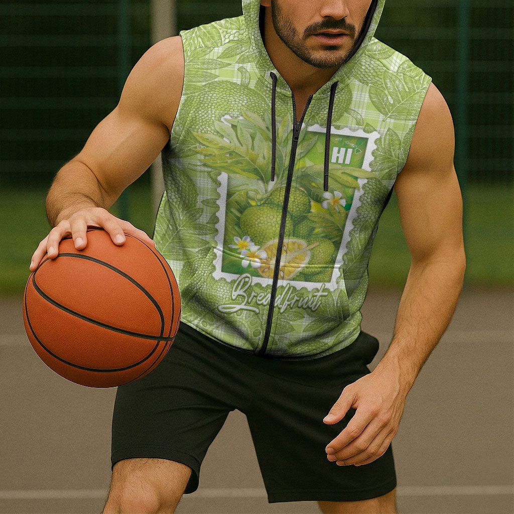 Aloha Hawaii Ulu Palaka Motifs Sleeveless Zip Hoodie Hawaiian Breadfruit Stylized Stamp LT14 - Polynesian Pride