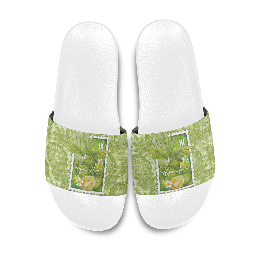 Aloha Hawaii Ulu Palaka Motifs Slide Sandals Hawaiian Breadfruit Stylized Stamp LT14 Green - Polynesian Pride