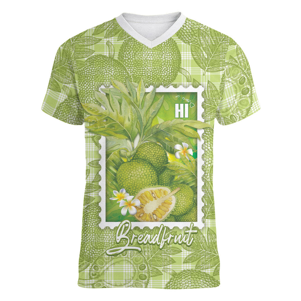 Aloha Hawaii Ulu Palaka Motifs Women V-Neck T-Shirt Hawaiian Breadfruit Stylized Stamp LT14 Female Green - Polynesian Pride