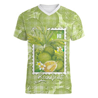 Aloha Hawaii Ulu Palaka Motifs Women V-Neck T-Shirt Hawaiian Breadfruit Stylized Stamp LT14 Female Green - Polynesian Pride