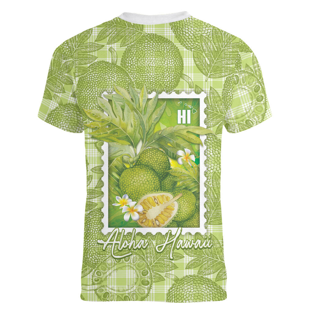 Aloha Hawaii Ulu Palaka Motifs Women V-Neck T-Shirt Hawaiian Breadfruit Stylized Stamp LT14 - Polynesian Pride