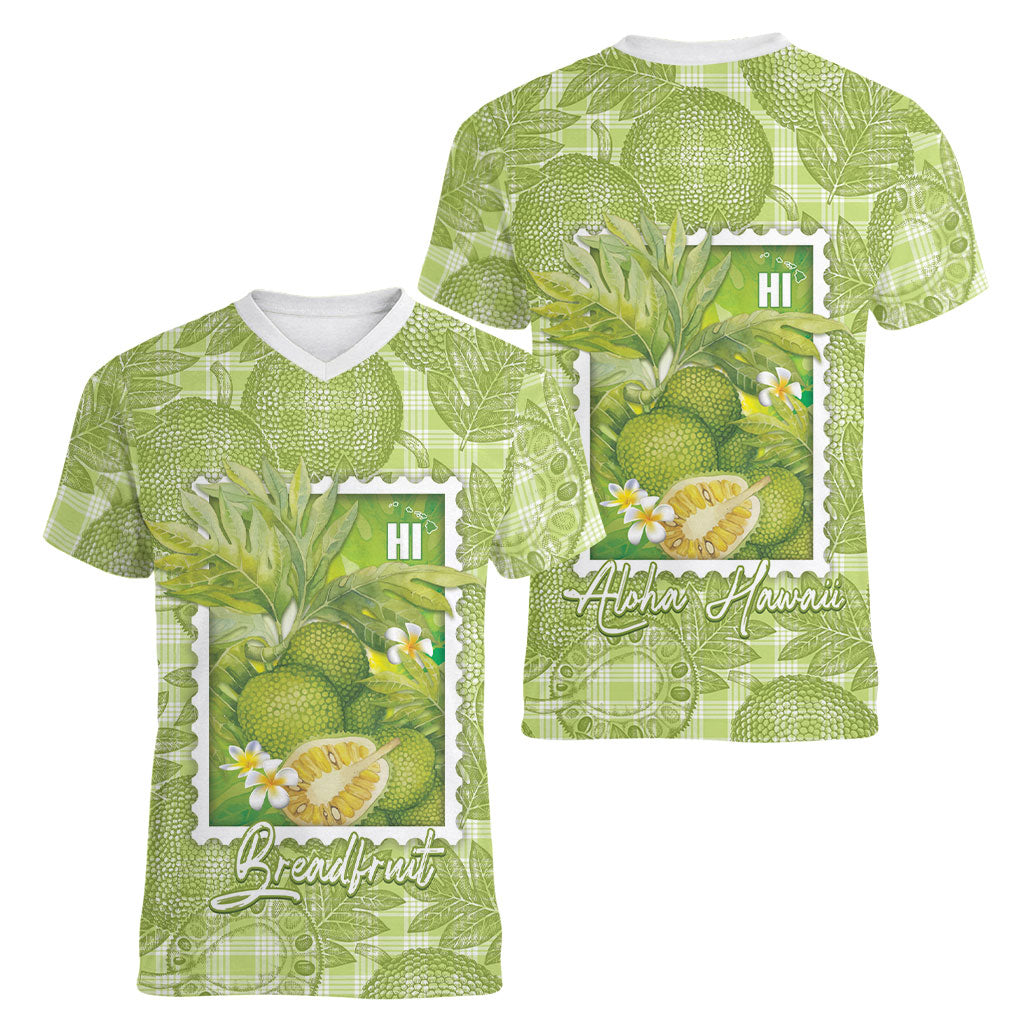 Aloha Hawaii Ulu Palaka Motifs Women V-Neck T-Shirt Hawaiian Breadfruit Stylized Stamp LT14 - Polynesian Pride