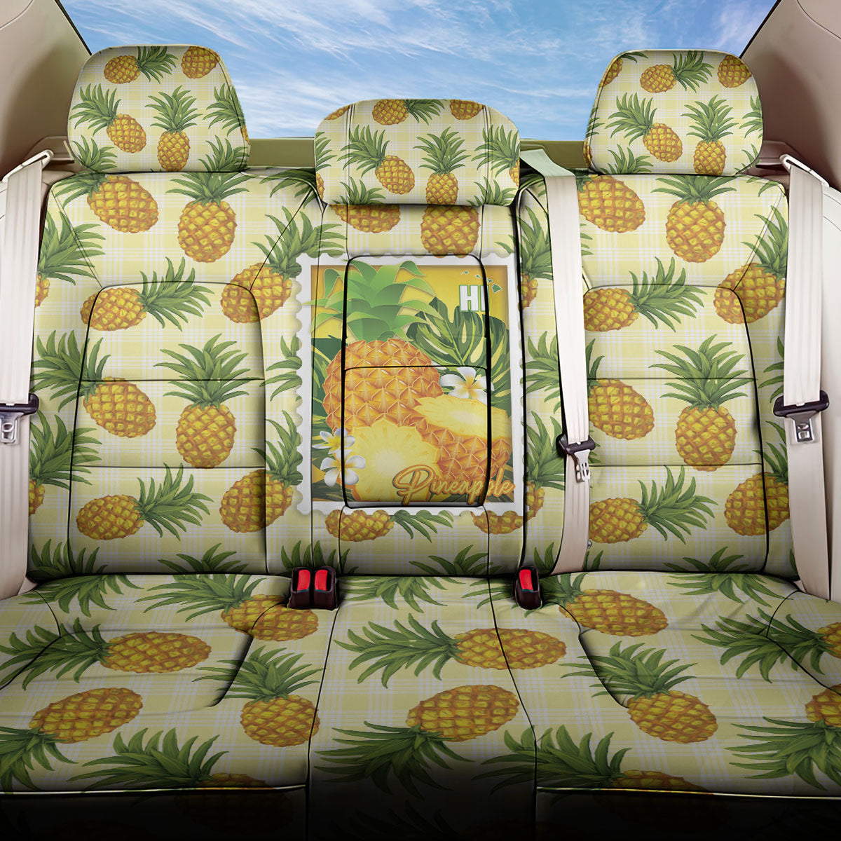 Aloha Hawaii Hala Kahiki Palaka Motifs Back Car Seat Cover Hawaiian Pineapple Stylized Stamp LT14 One Size Yellow - Polynesian Pride