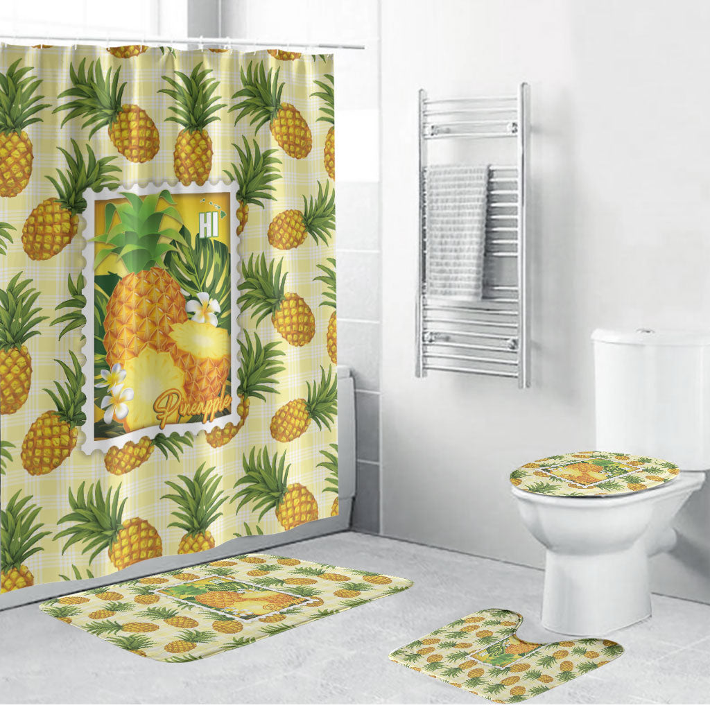 Aloha Hawaii Hala Kahiki Palaka Motifs Bathroom Set Hawaiian Pineapple Stylized Stamp LT14 Bathroom Set (4 pcs) Yellow - Polynesian Pride
