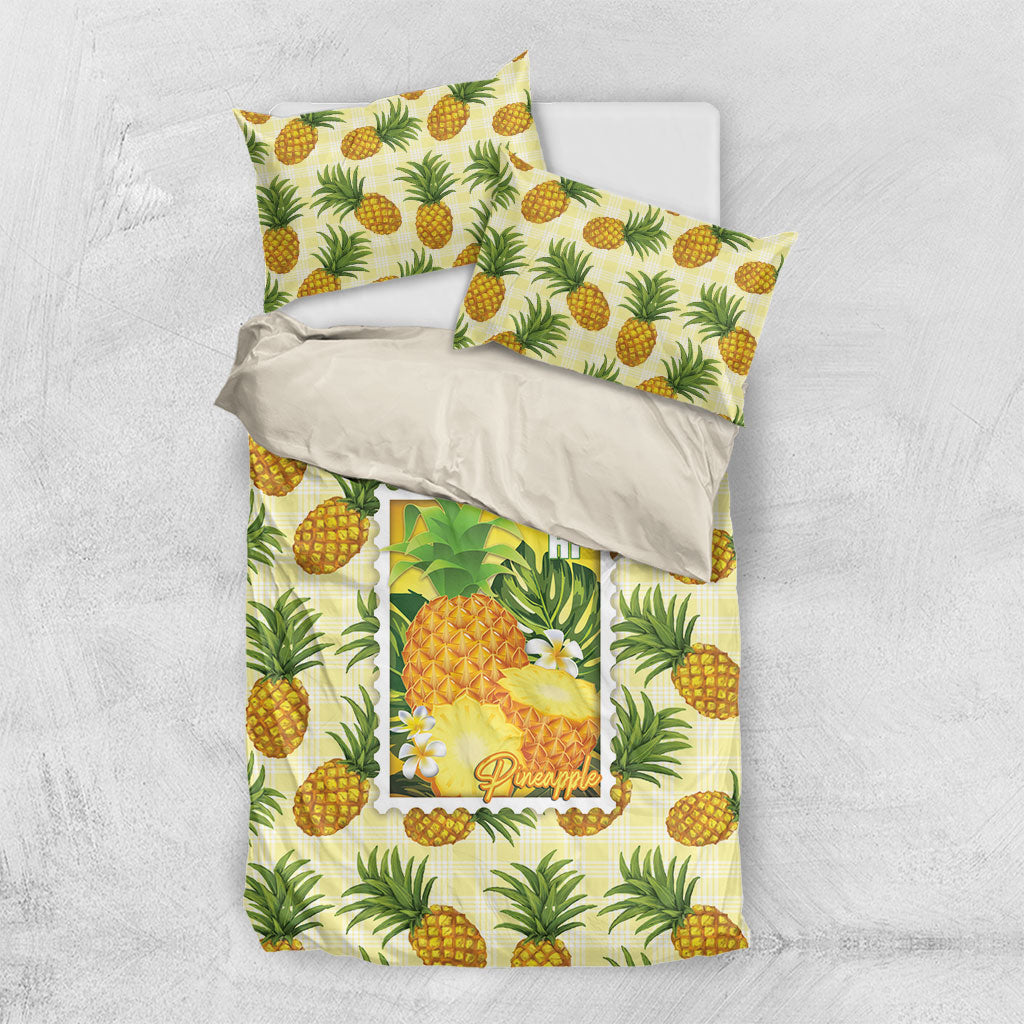 Aloha Hawaii Hala Kahiki Palaka Motifs Bedding Set Hawaiian Pineapple Stylized Stamp LT14 US Twin 172cm x 218cm Yellow - Polynesian Pride