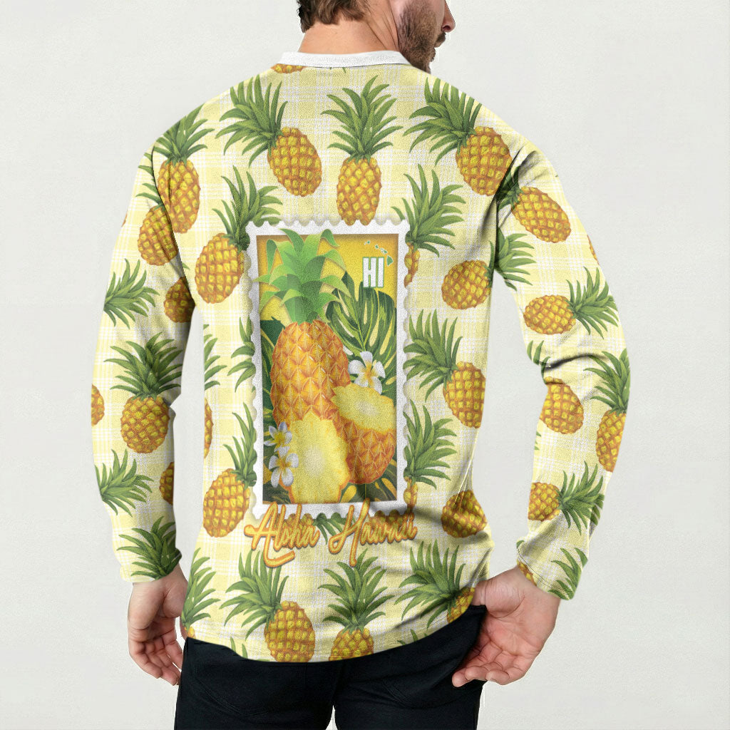 Aloha Hawaii Hala Kahiki Palaka Motifs Button Sweatshirt Hawaiian Pineapple Stylized Stamp LT14 - Polynesian Pride