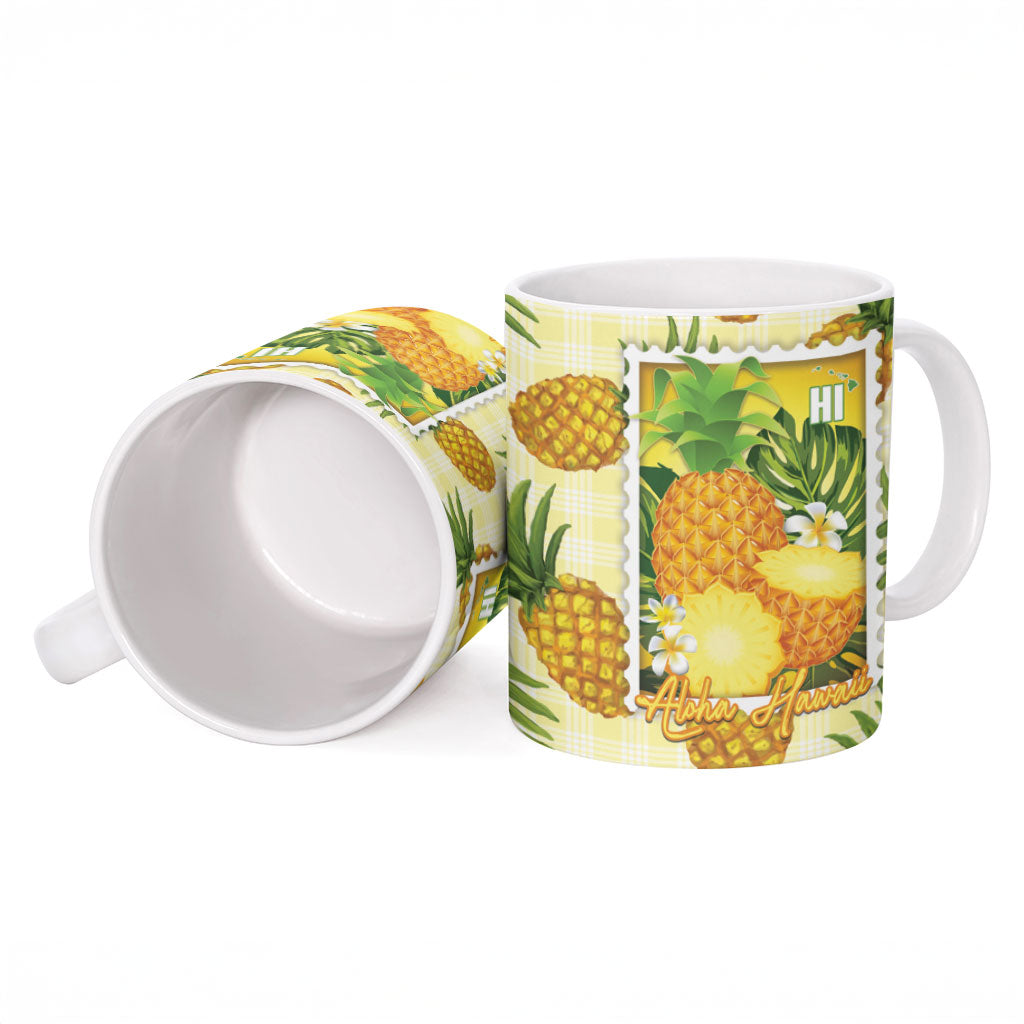 Aloha Hawaii Hala Kahiki Palaka Motifs Ceramic Mug Hawaiian Pineapple Stylized Stamp LT14 - Polynesian Pride