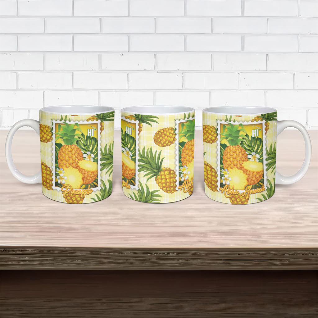 Aloha Hawaii Hala Kahiki Palaka Motifs Ceramic Mug Hawaiian Pineapple Stylized Stamp LT14 - Polynesian Pride