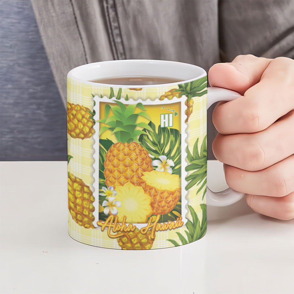 Aloha Hawaii Hala Kahiki Palaka Motifs Ceramic Mug Hawaiian Pineapple Stylized Stamp LT14 - Polynesian Pride