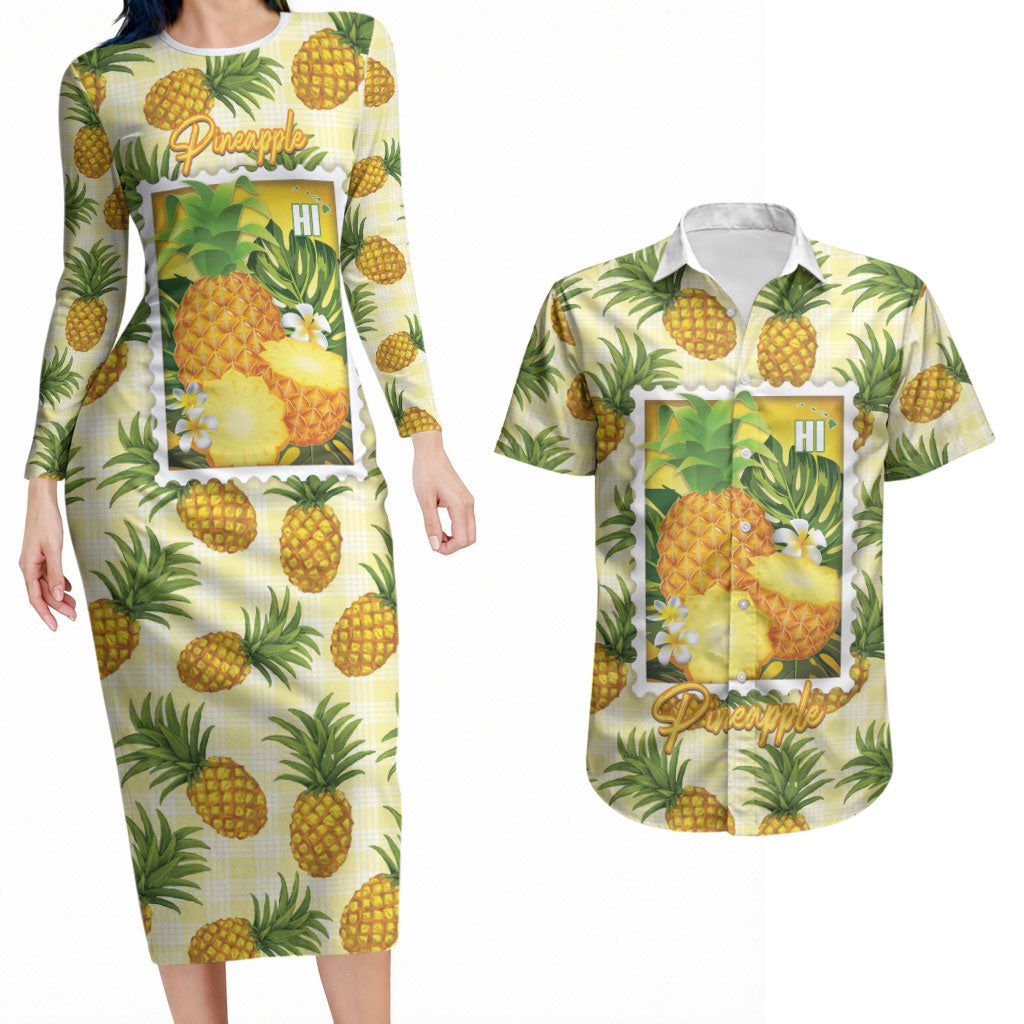 Aloha Hawaii Hala Kahiki Palaka Motifs Couples Matching Long Sleeve Bodycon Dress and Hawaiian Shirt Hawaiian Pineapple Stylized Stamp LT14 Yellow - Polynesian Pride