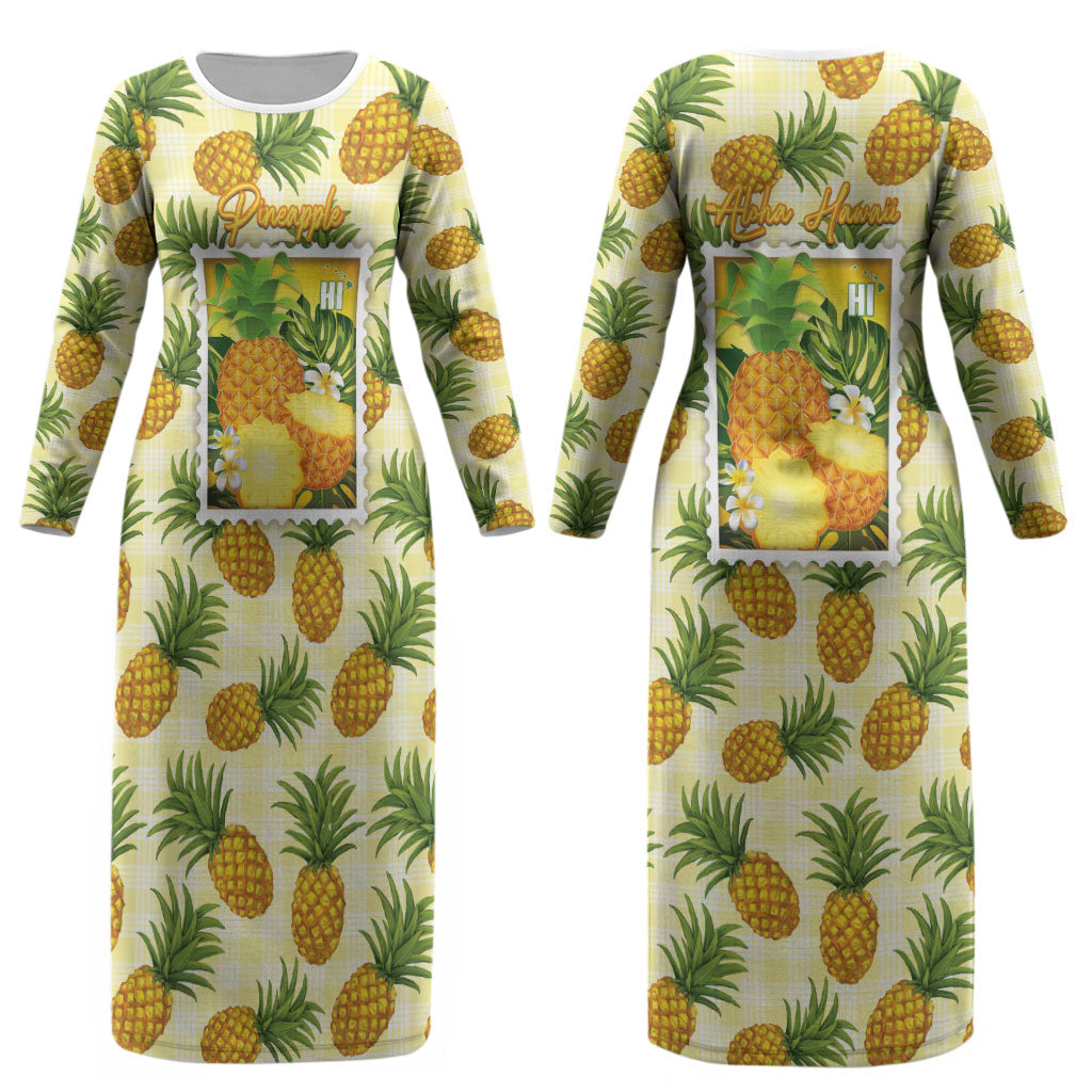 Aloha Hawaii Hala Kahiki Palaka Motifs Couples Matching Long Sleeve Bodycon Dress and Hawaiian Shirt Hawaiian Pineapple Stylized Stamp LT14 - Polynesian Pride