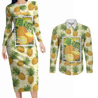 Aloha Hawaii Hala Kahiki Palaka Motifs Couples Matching Long Sleeve Bodycon Dress and Long Sleeve Button Shirt Hawaiian Pineapple Stylized Stamp LT14 Yellow - Polynesian Pride