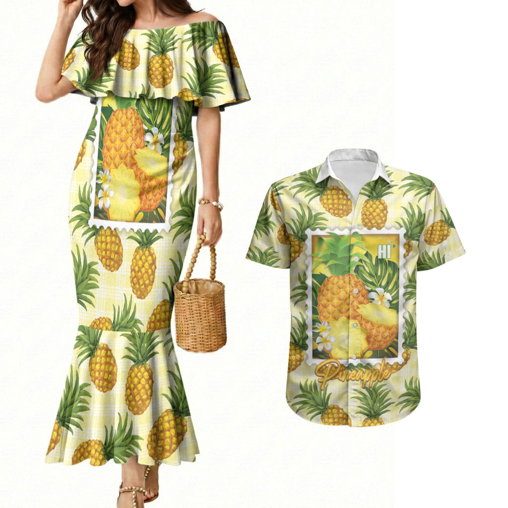 Aloha Hawaii Hala Kahiki Palaka Motifs Couples Matching Mermaid Dress and Hawaiian Shirt Hawaiian Pineapple Stylized Stamp LT14 Yellow - Polynesian Pride