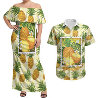 Aloha Hawaii Hala Kahiki Palaka Motifs Couples Matching Off Shoulder Maxi Dress and Hawaiian Shirt Hawaiian Pineapple Stylized Stamp LT14 Yellow - Polynesian Pride