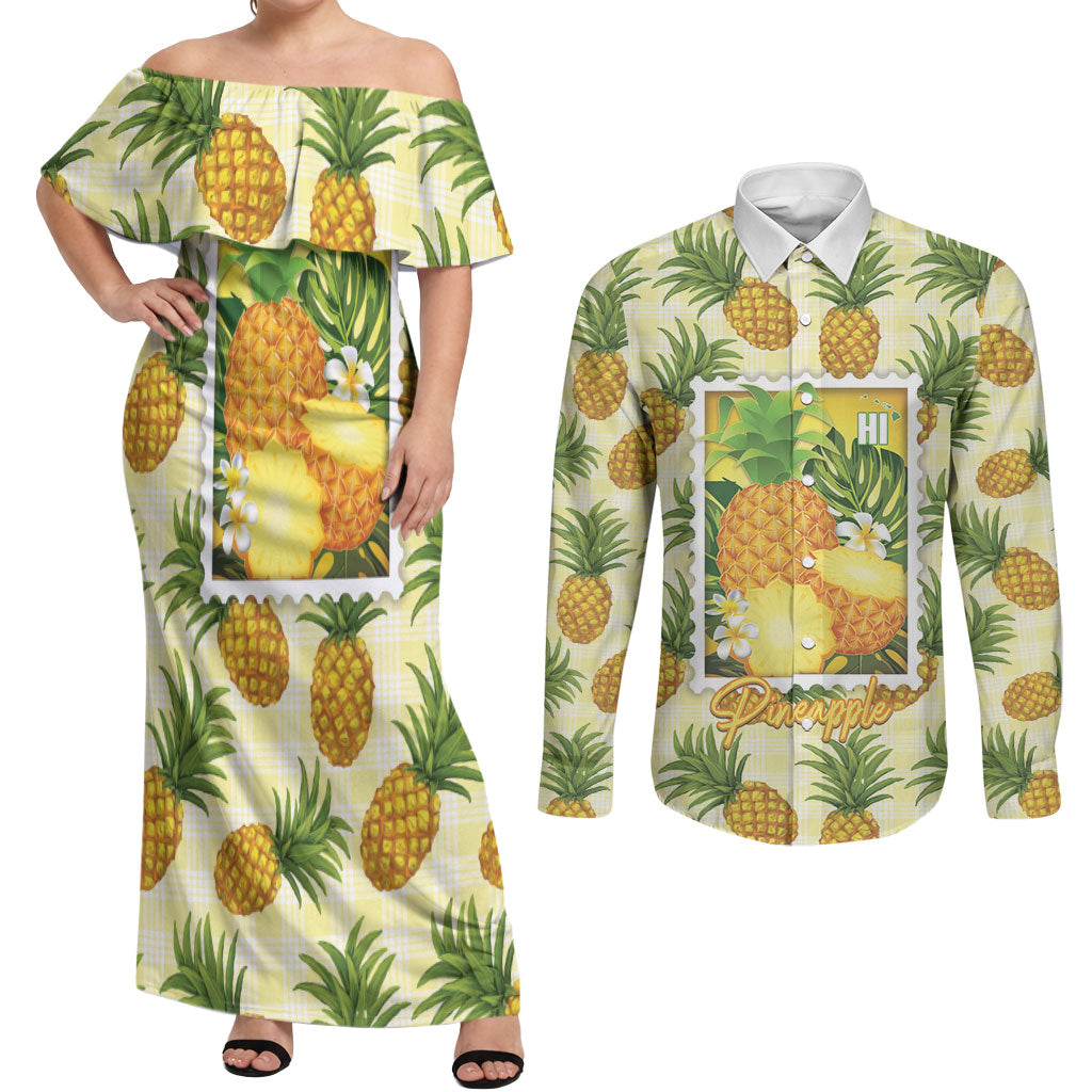 Aloha Hawaii Hala Kahiki Palaka Motifs Couples Matching Off Shoulder Maxi Dress and Long Sleeve Button Shirt Hawaiian Pineapple Stylized Stamp