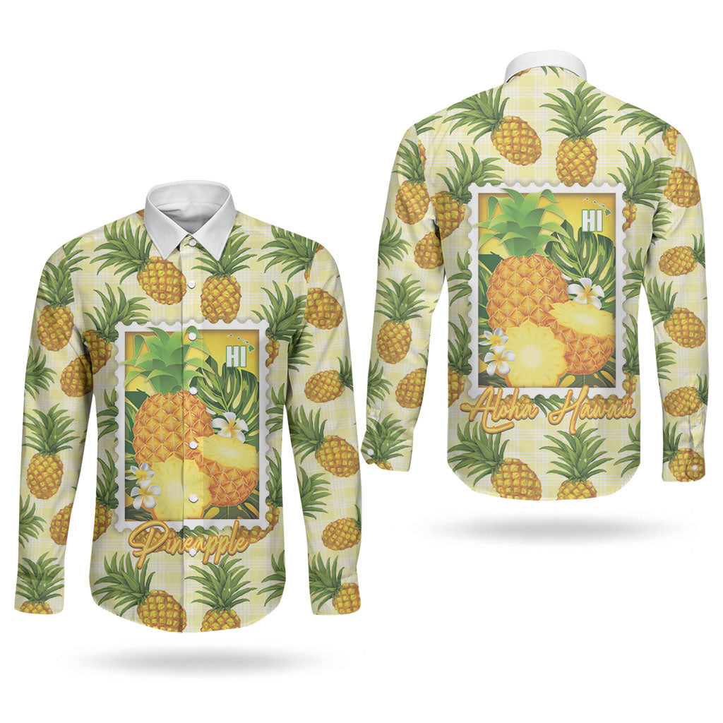 Aloha Hawaii Hala Kahiki Palaka Motifs Couples Matching Off Shoulder Maxi Dress and Long Sleeve Button Shirt Hawaiian Pineapple Stylized Stamp LT14 - Polynesian Pride