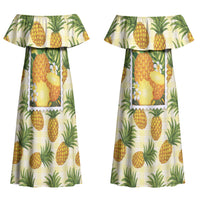 Aloha Hawaii Hala Kahiki Palaka Motifs Couples Matching Off Shoulder Maxi Dress and Long Sleeve Button Shirt Hawaiian Pineapple Stylized Stamp LT14 - Polynesian Pride