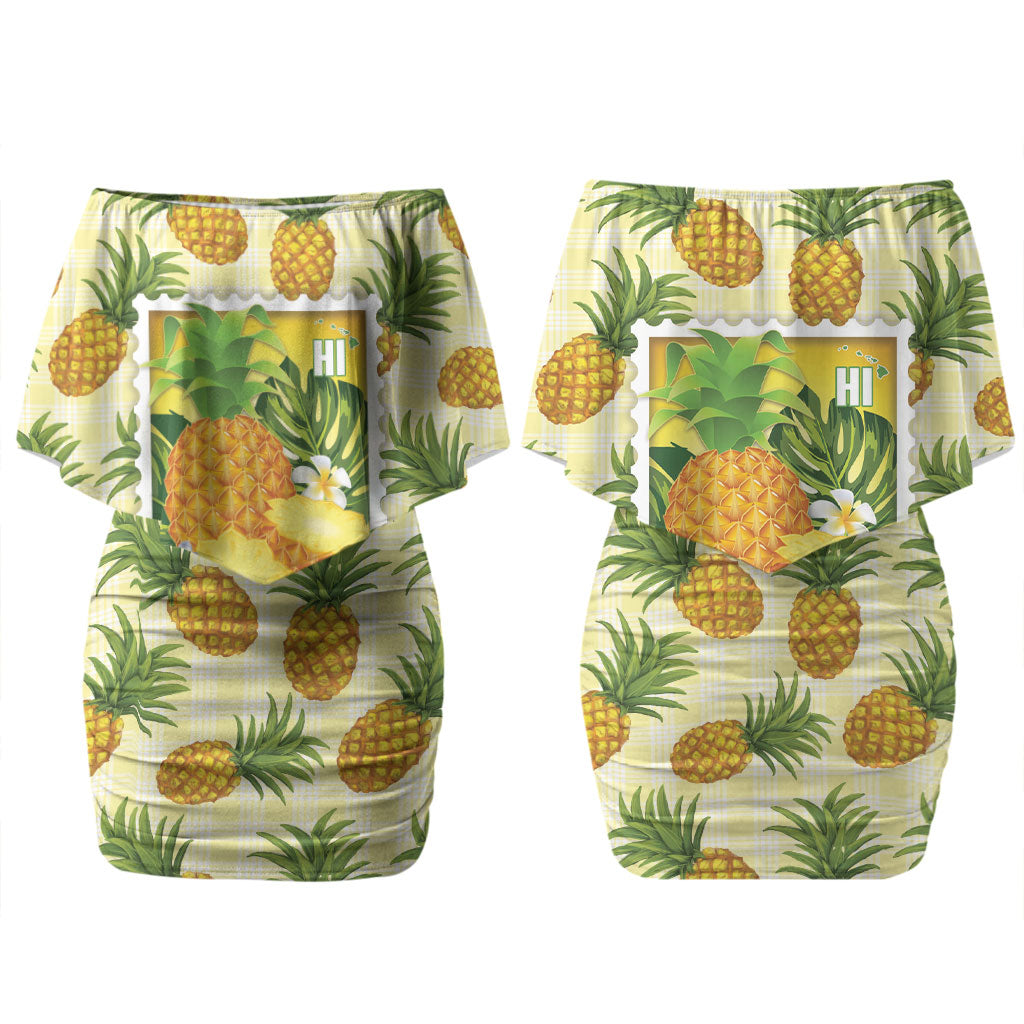 Aloha Hawaii Hala Kahiki Palaka Motifs Couples Matching Off Shoulder Short Dress and Long Sleeve Button Shirt Hawaiian Pineapple Stylized Stamp LT14 - Polynesian Pride