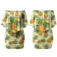 Aloha Hawaii Hala Kahiki Palaka Motifs Couples Matching Off Shoulder Short Dress and Long Sleeve Button Shirt Hawaiian Pineapple Stylized Stamp LT14 - Polynesian Pride