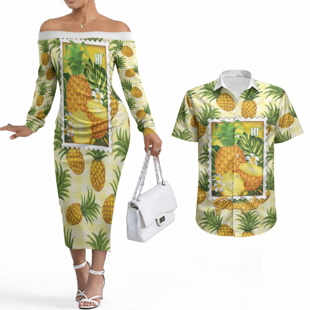 Aloha Hawaii Hala Kahiki Palaka Motifs Couples Matching Off The Shoulder Long Sleeve Dress and Hawaiian Shirt Hawaiian Pineapple Stylized Stamp LT14 Yellow - Polynesian Pride
