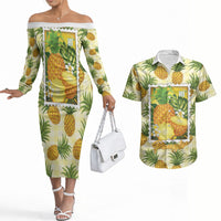 Aloha Hawaii Hala Kahiki Palaka Motifs Couples Matching Off The Shoulder Long Sleeve Dress and Hawaiian Shirt Hawaiian Pineapple Stylized Stamp LT14 Yellow - Polynesian Pride