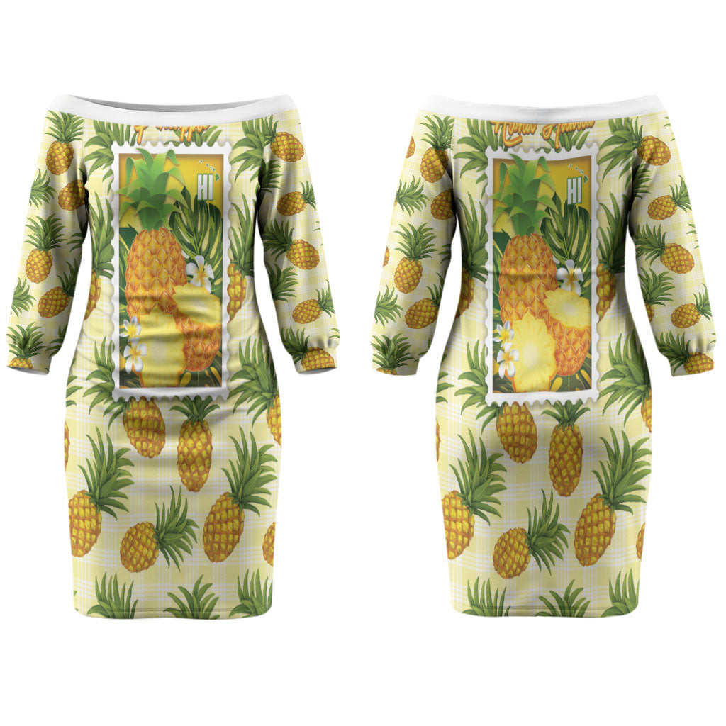 Aloha Hawaii Hala Kahiki Palaka Motifs Couples Matching Off The Shoulder Long Sleeve Dress and Hawaiian Shirt Hawaiian Pineapple Stylized Stamp LT14 - Polynesian Pride