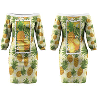 Aloha Hawaii Hala Kahiki Palaka Motifs Couples Matching Off The Shoulder Long Sleeve Dress and Hawaiian Shirt Hawaiian Pineapple Stylized Stamp LT14 - Polynesian Pride