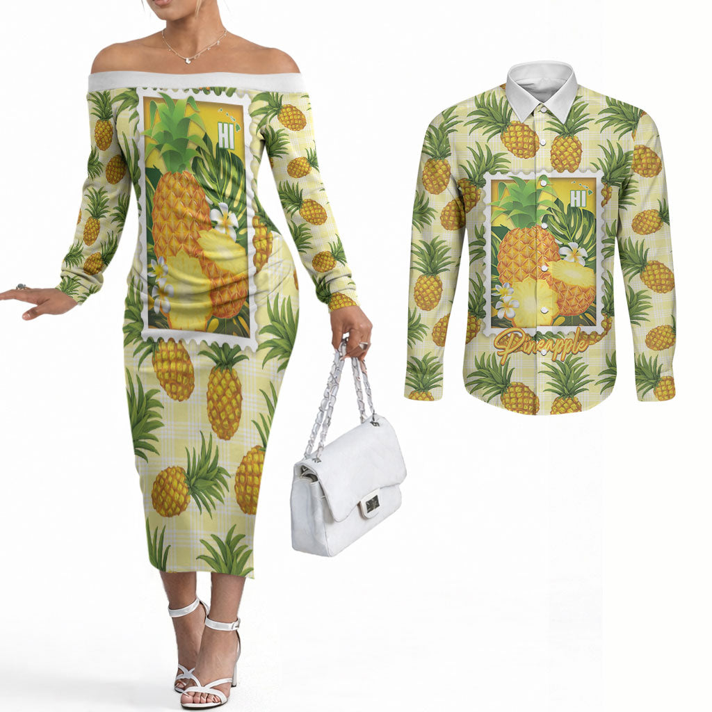 Aloha Hawaii Hala Kahiki Palaka Motifs Couples Matching Off The Shoulder Long Sleeve Dress and Long Sleeve Button Shirt Hawaiian Pineapple Stylized Stamp LT14 Yellow - Polynesian Pride