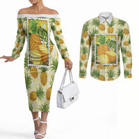 Aloha Hawaii Hala Kahiki Palaka Motifs Couples Matching Off The Shoulder Long Sleeve Dress and Long Sleeve Button Shirt Hawaiian Pineapple Stylized Stamp LT14 Yellow - Polynesian Pride