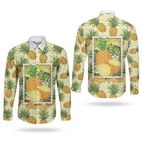 Aloha Hawaii Hala Kahiki Palaka Motifs Couples Matching Off The Shoulder Long Sleeve Dress and Long Sleeve Button Shirt Hawaiian Pineapple Stylized Stamp LT14 - Polynesian Pride