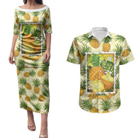 Aloha Hawaii Hala Kahiki Palaka Motifs Couples Matching Puletasi and Hawaiian Shirt Hawaiian Pineapple Stylized Stamp LT14 Yellow - Polynesian Pride